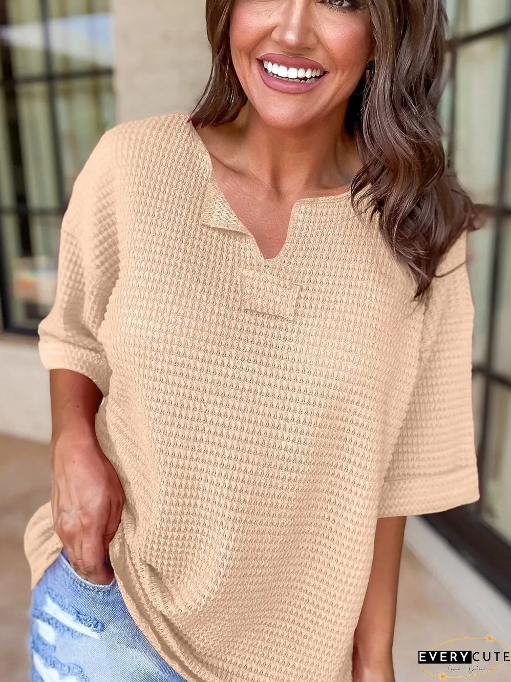 Parchment Waffle Knit V-Neck Casual Top with Split Neck