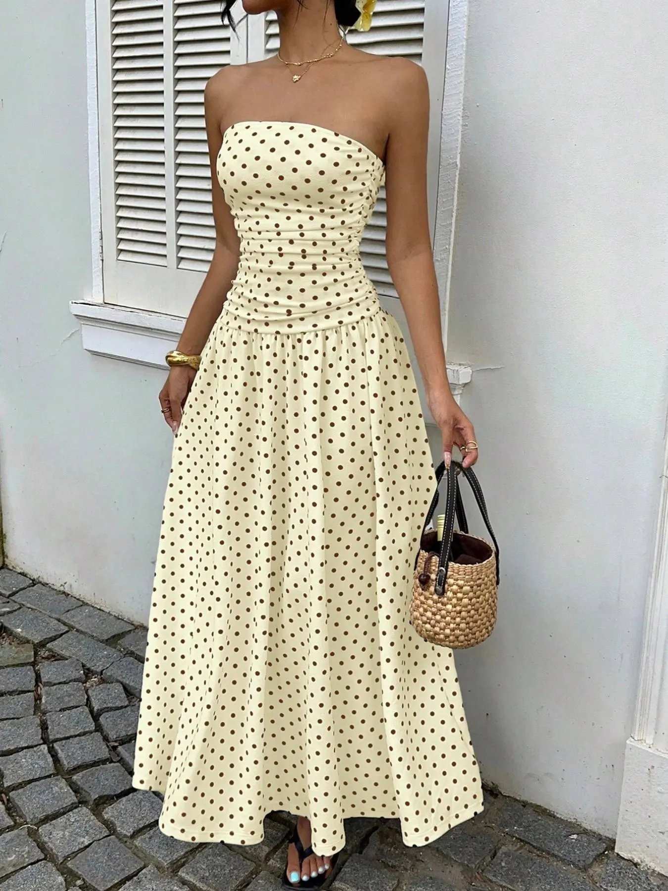 Women's Elegant Chic Fashion Polka Dot Strapless Dress, Stylish Sleeveless Maxi Dress for Parties and Casual Wear Womenswear, Elegant Evening Dress, Formal Dress