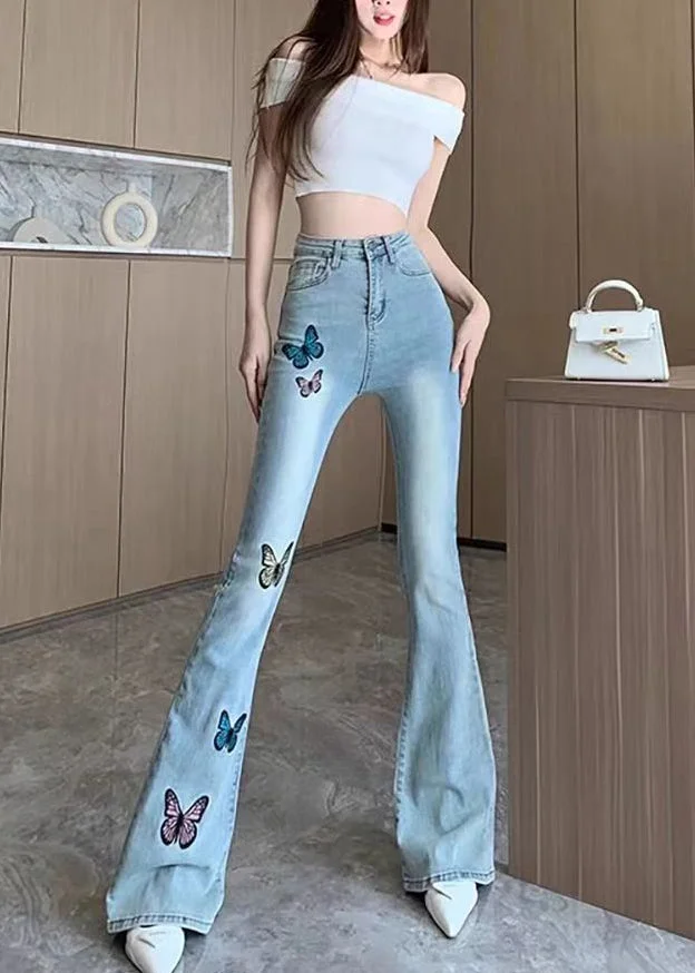 Simple Blue Embroidered Butterfly Denim Bell-bottom Trousers Spring