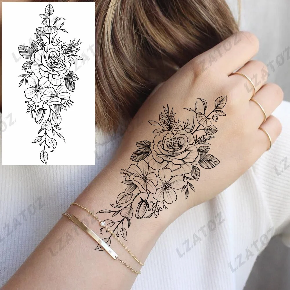 Sdrawing Rose Flower Temporary Tattoos For Woman Adults Realistic Compass Cross Fake Tatoos Sexy Waterproof Hand Tattoo Sticker