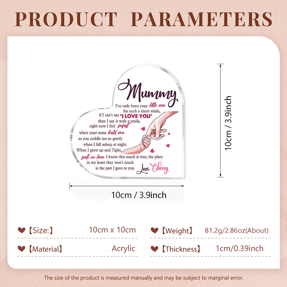 Personalised Name Acrylic Heart Keepsake Holding Hands Ornaments Gifts for Mum/Mom - I Feel Safest When Your Arms Hold Me-Jessemade AU