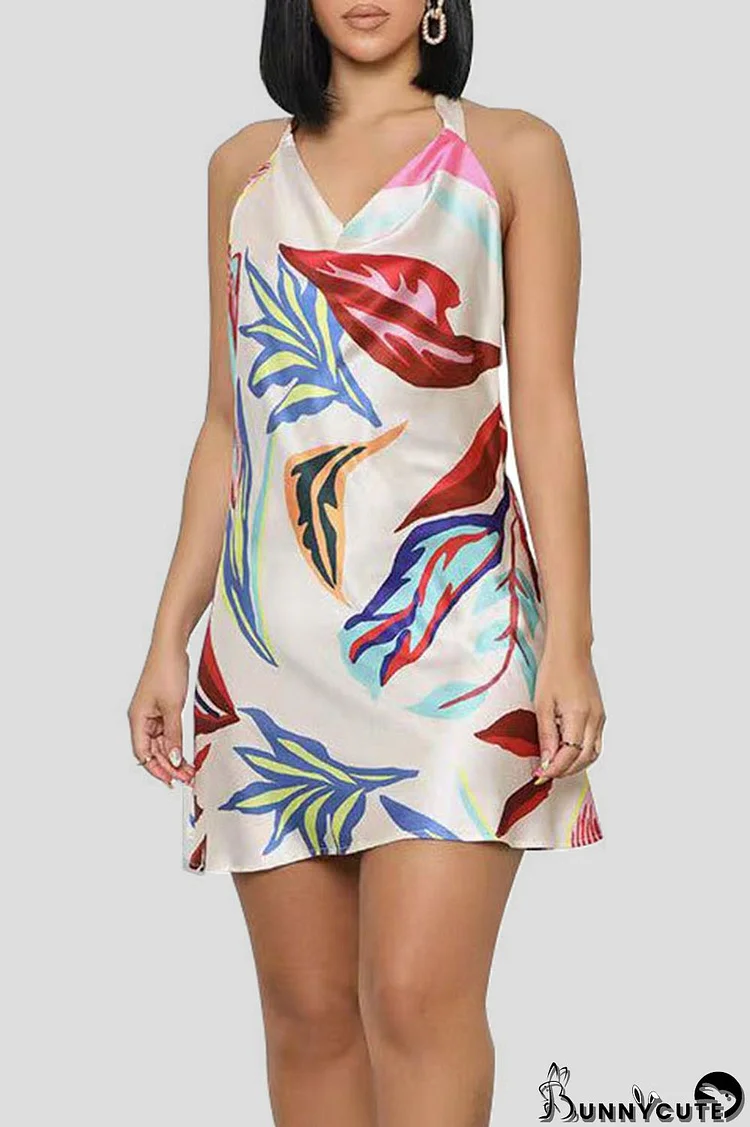 White Sexy Print Bandage Patchwork Backless Halter A Line Dresses