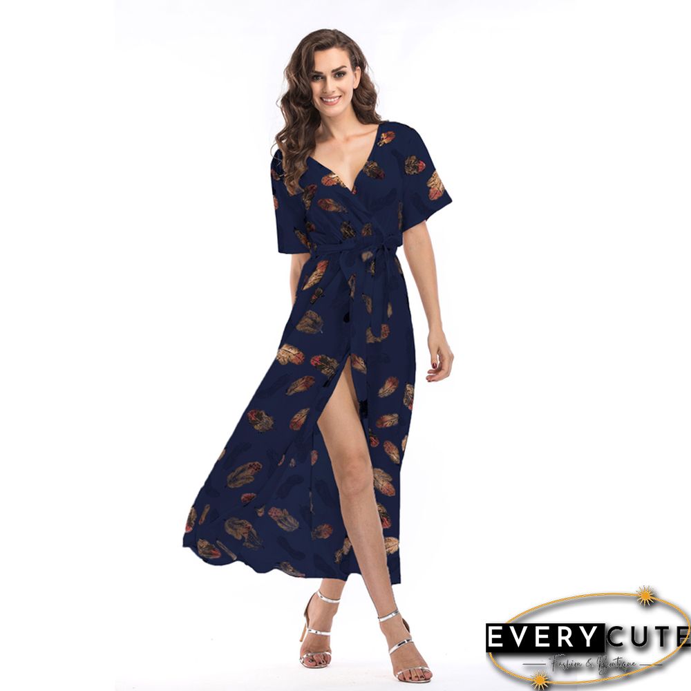 Khaki Short Sleeve Foral Chiffon Boho Dress