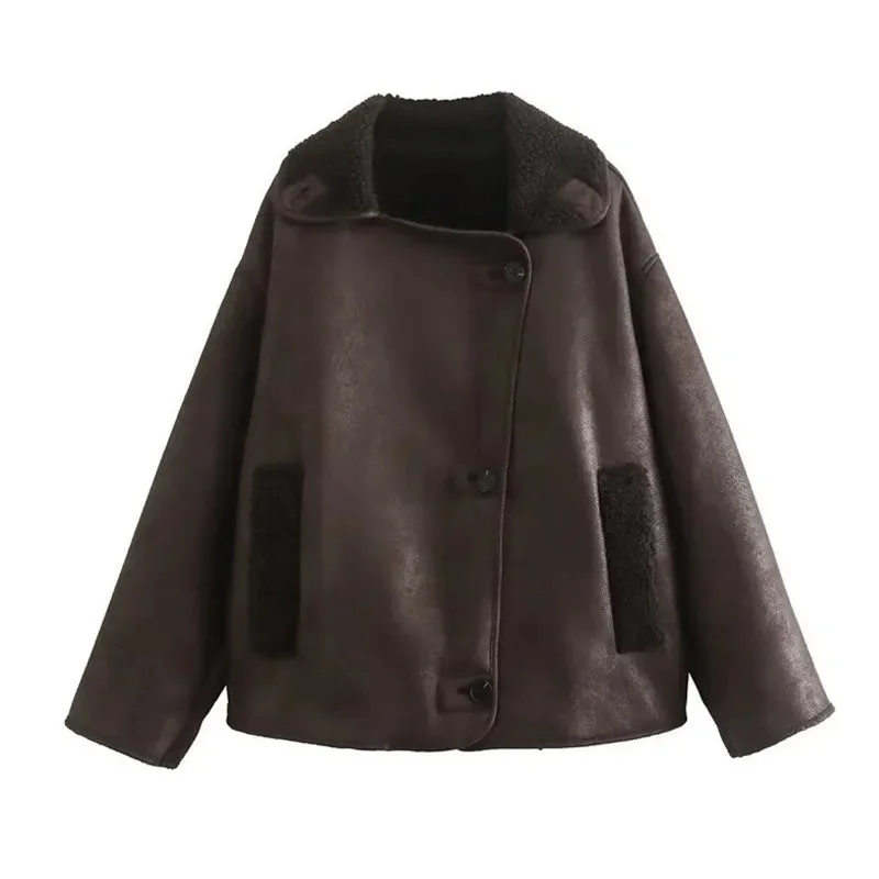 Huiketi Faux Leather Lambswool Jacket Women Autumn Winter 2024 Lapel Vintage Single Breasted Coats Female Pocket Warm Streetwear