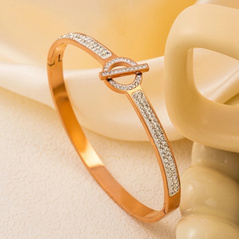 Casual Elegant Geometric 304 Stainless Steel 18K Gold Plated Rose Gold Plated Zircon Bangle In Bulk