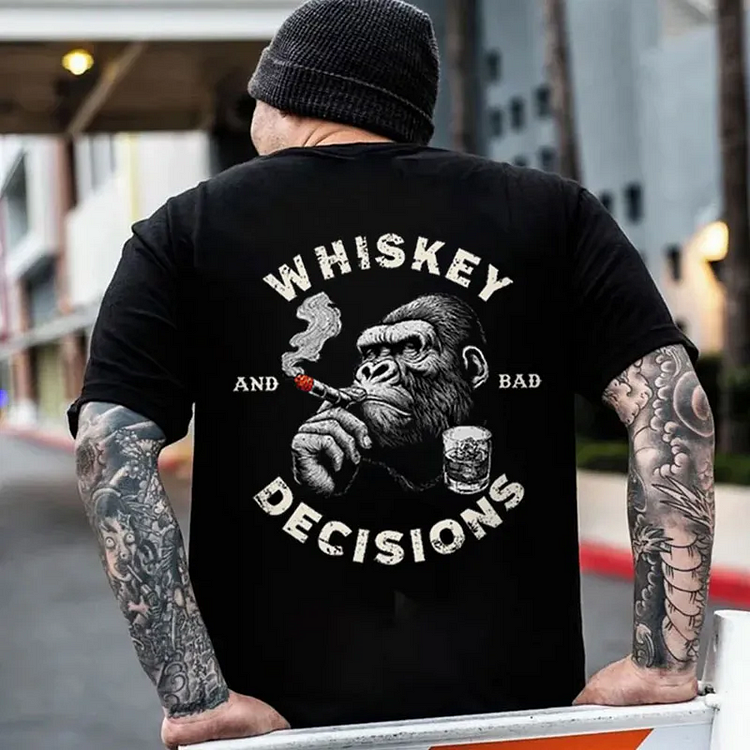 WHISKEY AND BAD DECISIONS Chimpanzee Black Print T-shirt