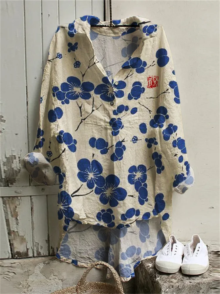 Cherry Blossom Japanese Lino Art Woven Linen Blended Tunic