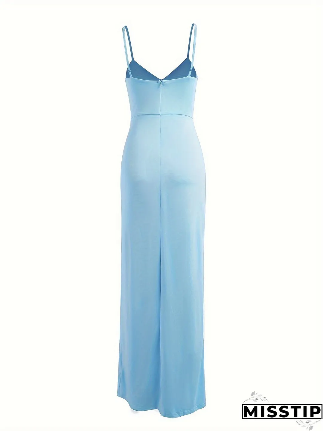 Ruched Backless Solid Dress, Elegant Spaghetti Strap Split Dress, Women's Clothing
