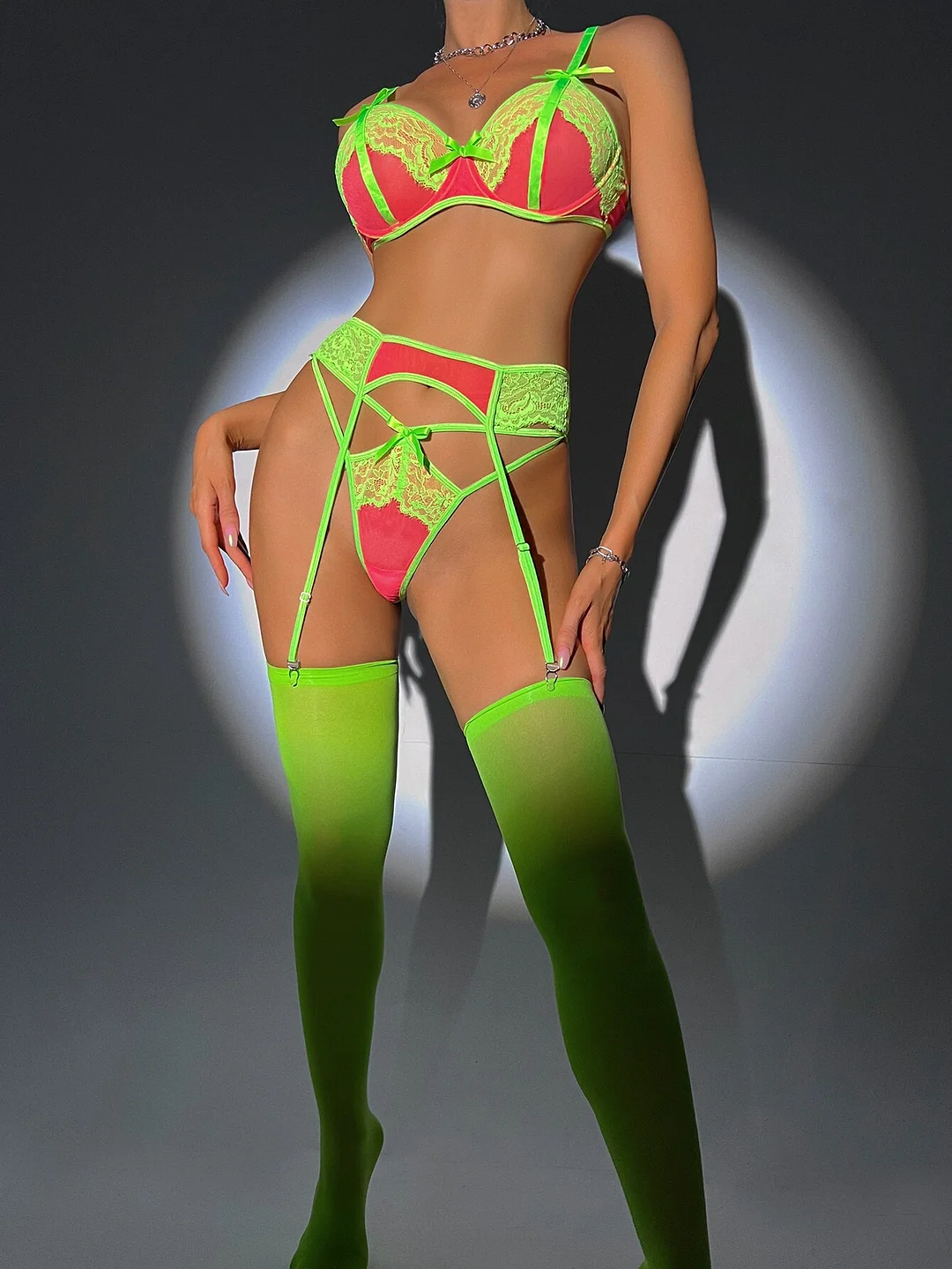 Billionm Neon Lingerie 4-Pieces Patchwork Lace Seamless Bra Crotchless Thongs Erotic Garter Belt Set Sexy Couple Underwear