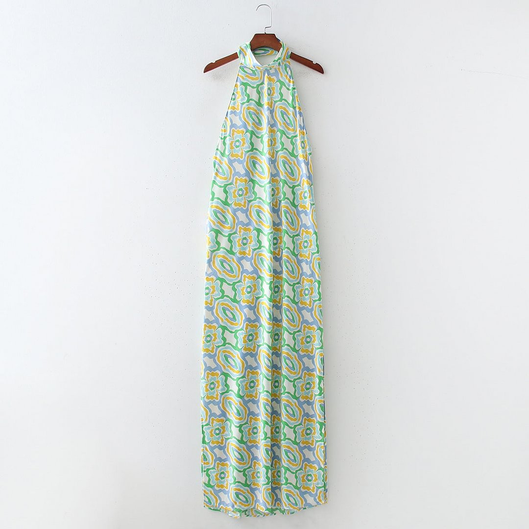 Women's Summer Long Green Section Printed Midi Skirt Dress