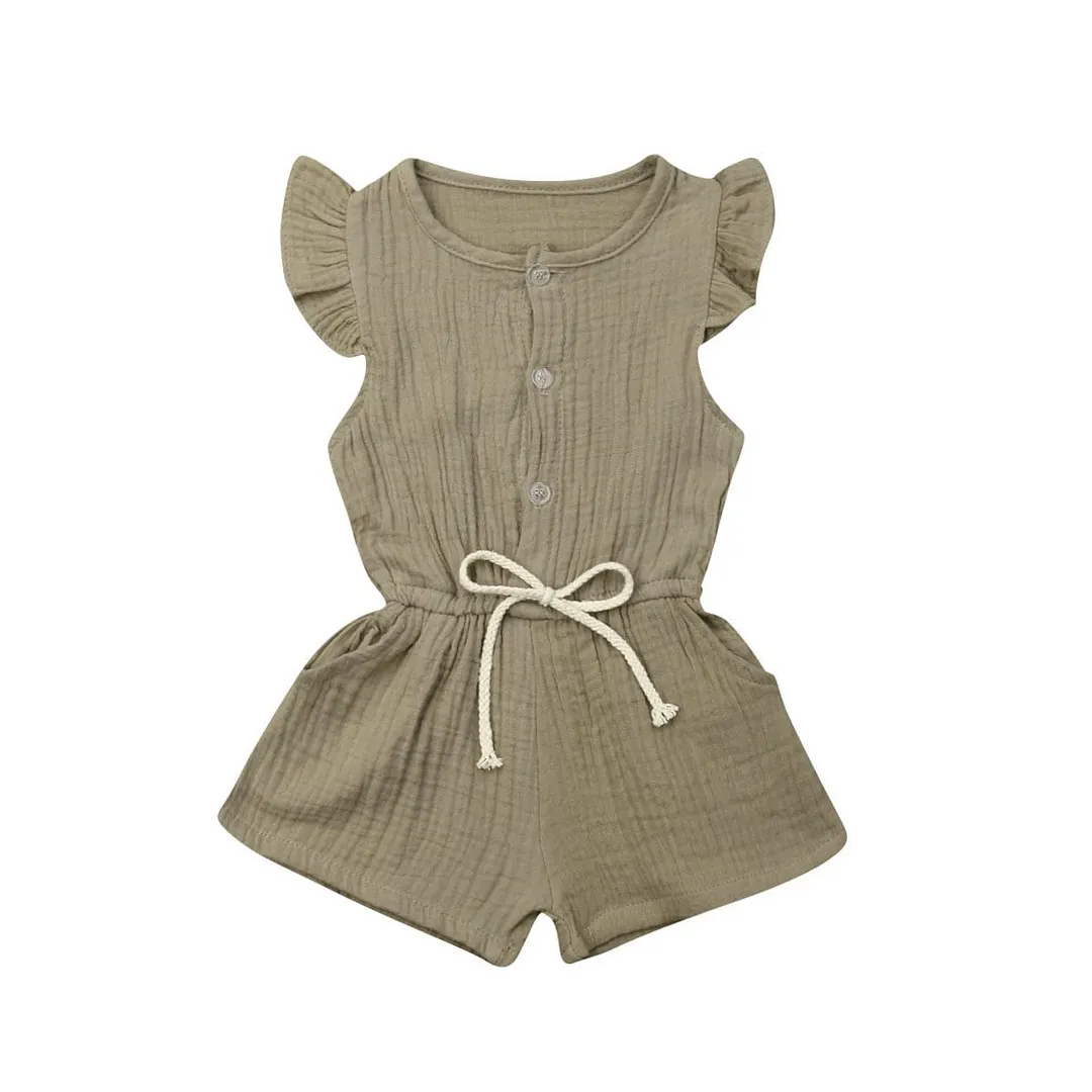 2019 Baby Summer Clothing Infant Kids Baby Girls Solid Romper Clothes Fly-Sleeve Playsuits Sash Jumpsuit Overall Outfits 6M-4Y