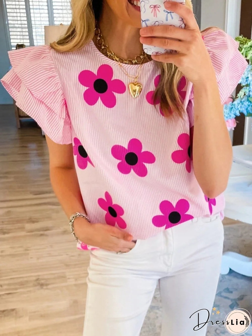 Pink Striped Floral Print Flutter Sleeve Blouse