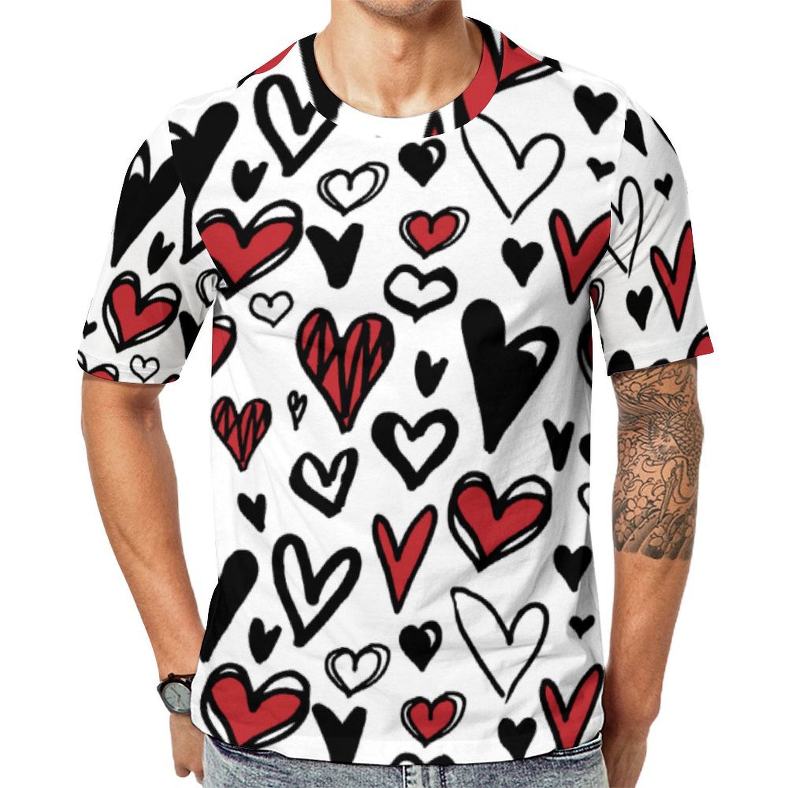 Hand Draw White Black And Red Heart Shape Women Short Sleeve Print Unisex Tshirt Summer Casual Tees for Men and Women Coolcoshirts