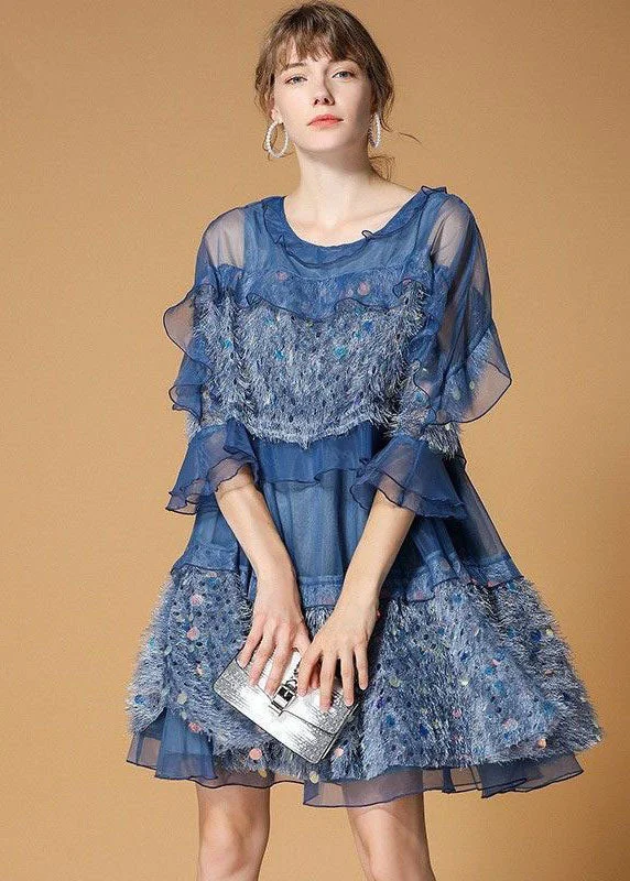 Classy Blue Sequins Velour Patchwork Tulle Day Dress Half Sleeve