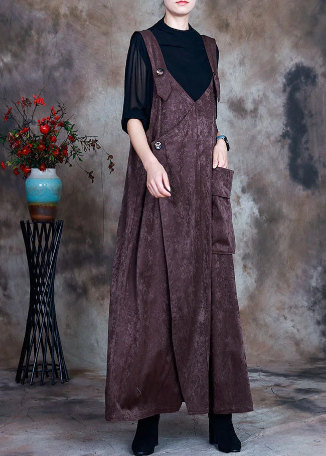 Fitted Coffee Asymmetrical Pockets Velour Dress Sleeveless