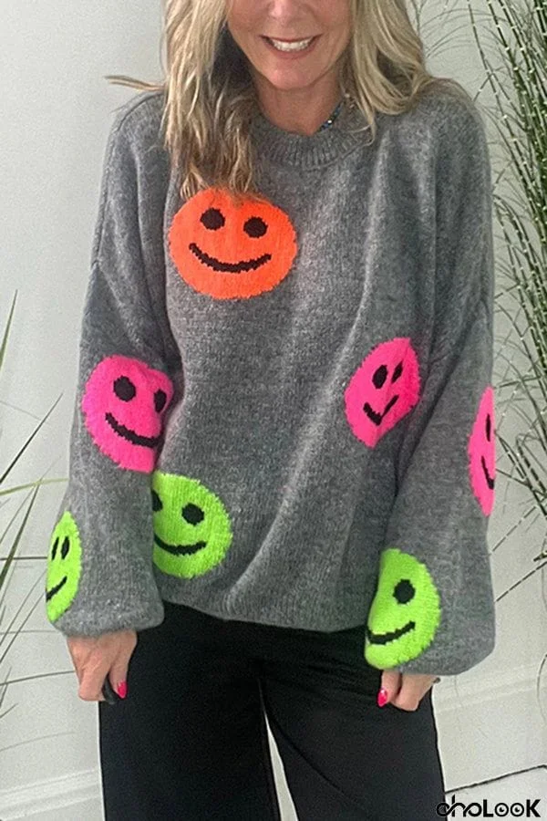 Smiley Face Knit Dropped Shoulders Loose Pullover Sweater