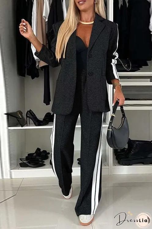 Meridress Patchwork Notch Lapel Pocketed Blazer Elastic Waist Wide Leg Pants Casual Set
