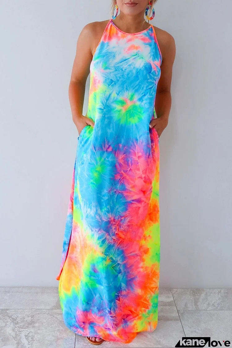 Multicolor Tie-dye Sleeveless Maxi Dress with Pockets