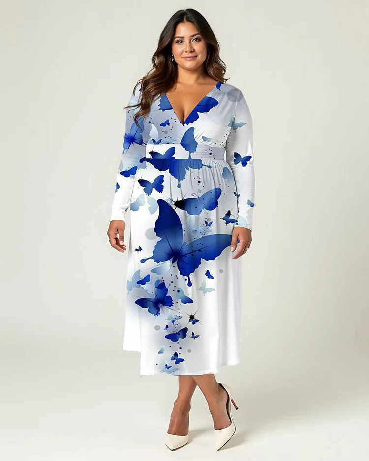 Plus Size Elegant Butterfly Print Wrap Midi Dress