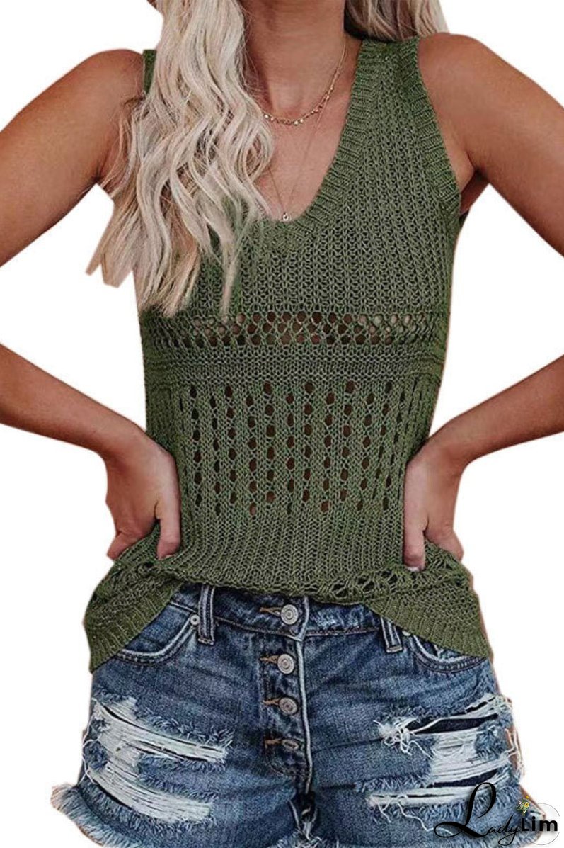 V Neck Sleeveless Hollow Out Knit Vest（2 Colors）