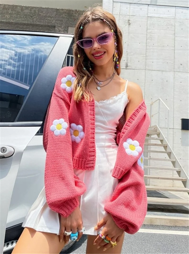 Athvotar Athvotar Women's Autumn New Sweet Flower Pattern Sweater Open Shirt Loose Short Knitted Women's Sweater