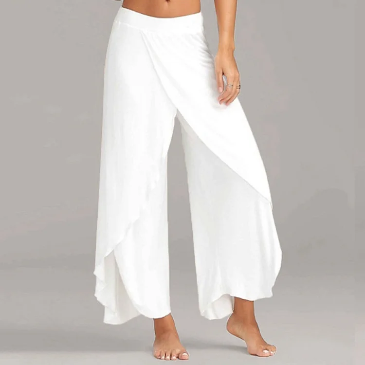 Casual Solid Mid Rise Layered Split Wide Leg Pants
