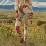 Women's Patchwork Floral Art Cozy Knit Leggings - Image 2