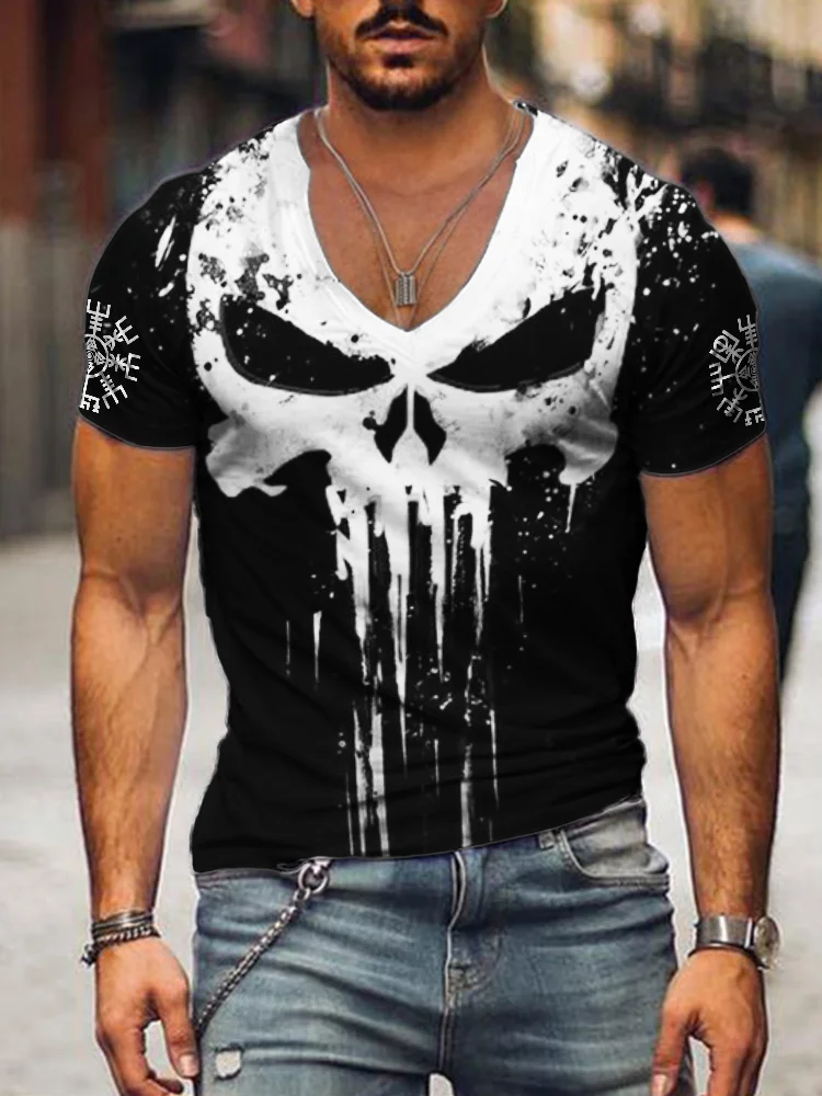 BrosWear Men's Viking Vegvisir Skull Contrast V Neck T Shirt