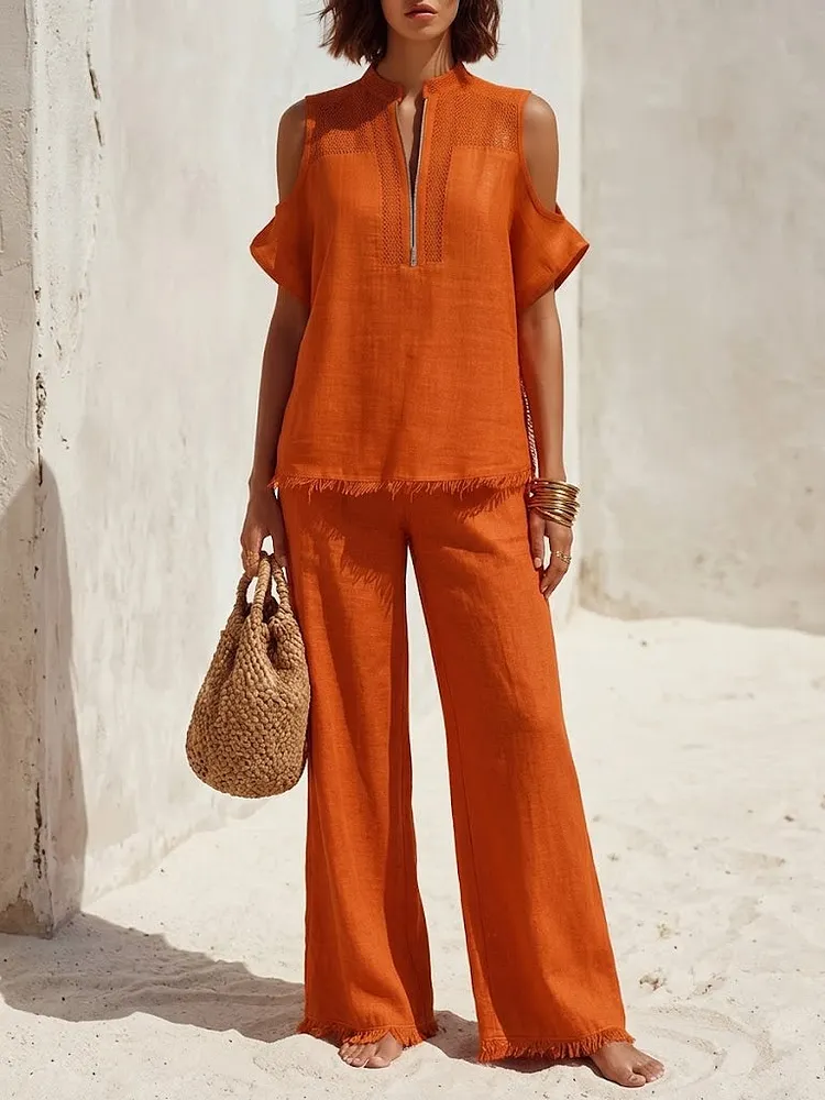 Women's Off-shoulder Cotton Linen Vacation Set
