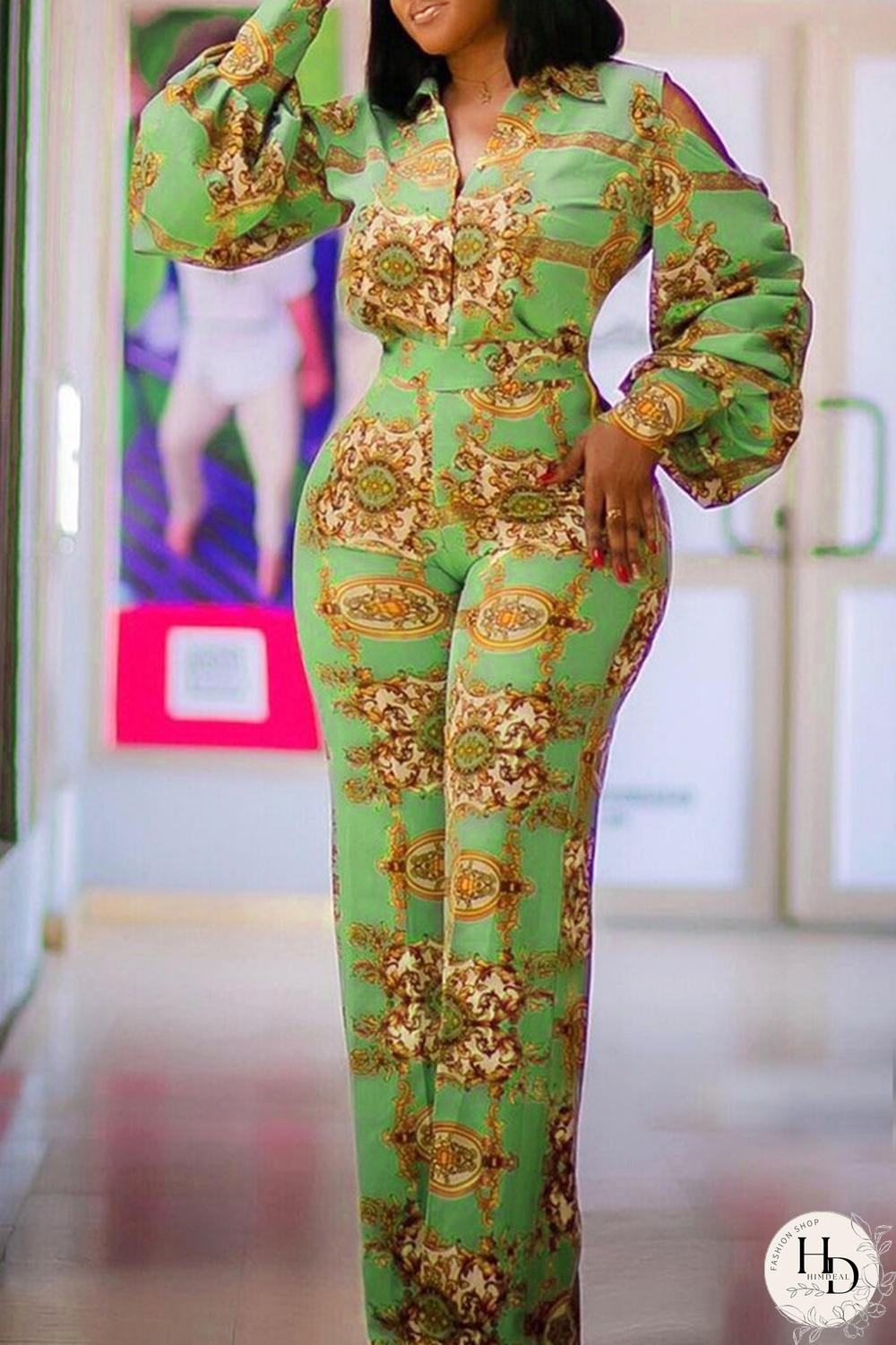 Green Casual Print Split Joint Turndown Collar Boot Cut Jumpsuits