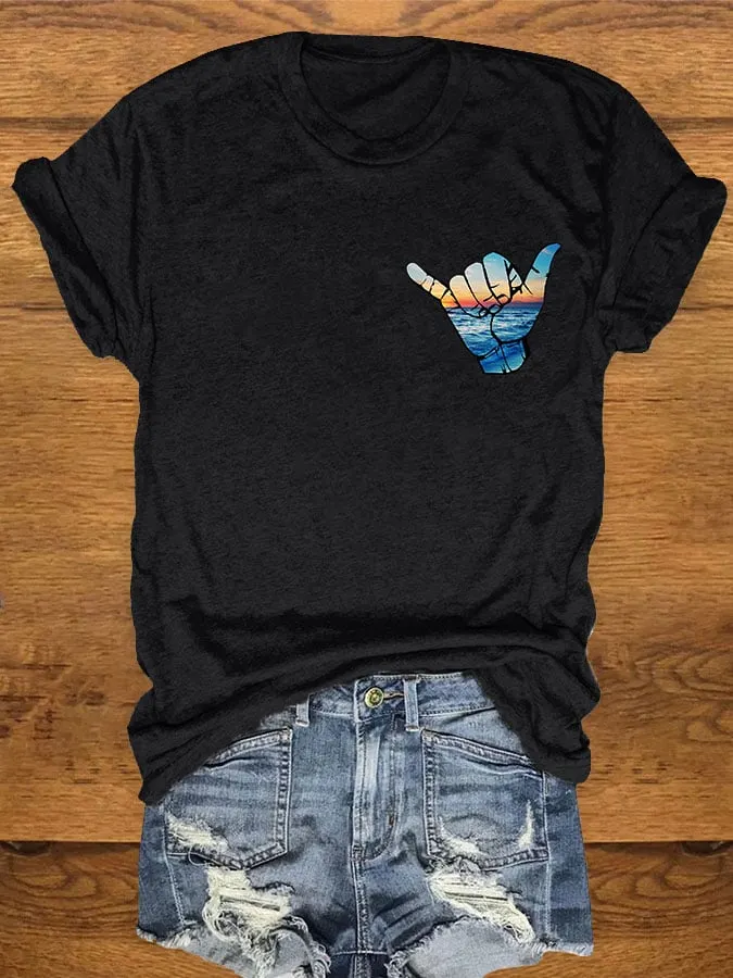 Women's Hawaiian Shaka Gesture Print T-shirt