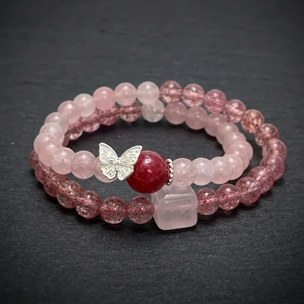 Ethereal Metamorphosis: Double-Layer Natural Crystal Butterfly Bracelet Blush Metamorphosis Edition
