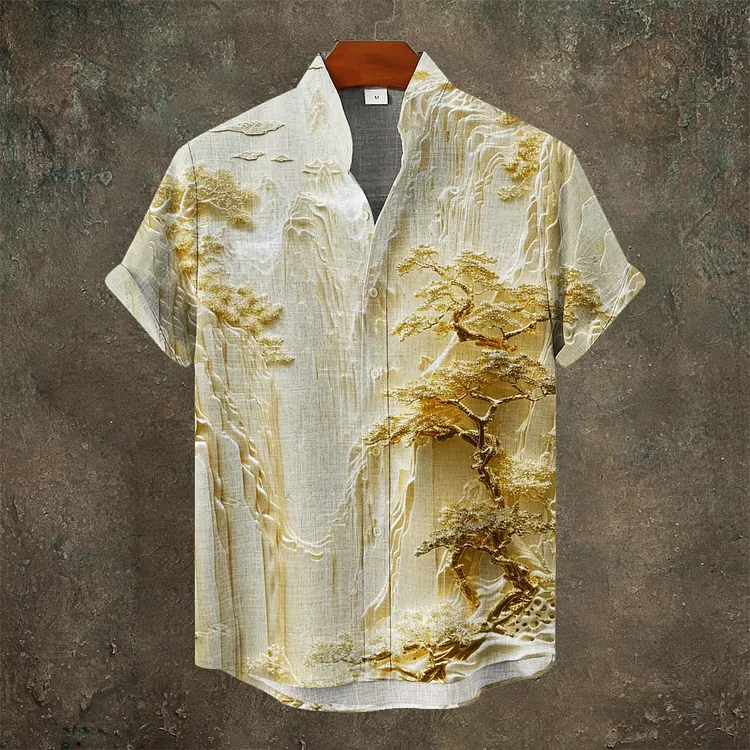 Japanese 3d Golden Tree Men's Linen Short Sleeve Shirt