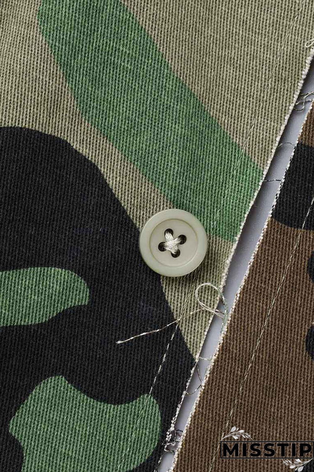 Camouflage Street Print Camouflage Print Patchwork Pocket Buckle Turndown Collar Tops