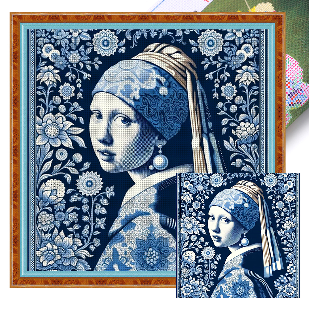 Blue And White Porcelain-Girl With Pearl Earrings Full 14CT Pre-stamped Canvas(40*40cm) Cross Stitch