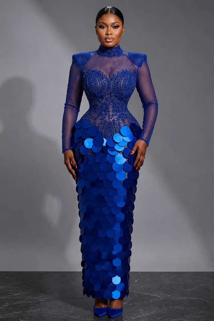 High Neck Mesh Long Sleeve Beaded Sequin Maxi Dresses-Blue [Pre Order]