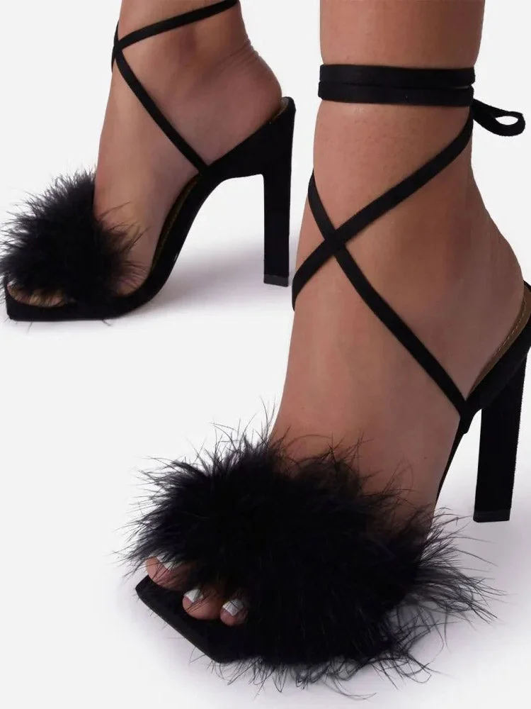 Lace-Up Fluffy Heel Sandals