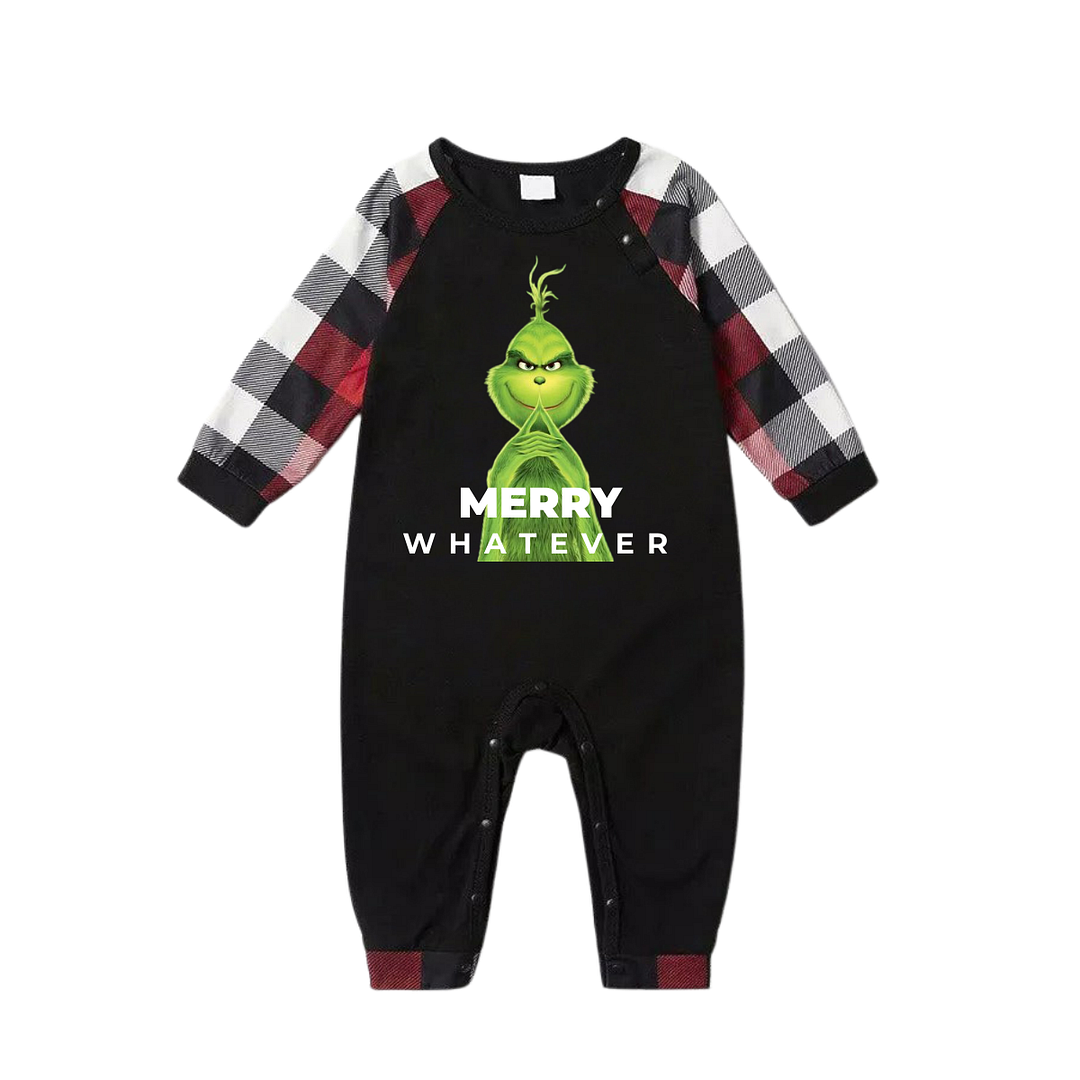 Cute Cartoon Pattern and "Merry Whatever" Slogan Printed Contrast Black Top Red&Black&White Plaid Pants Family Matching Pajamas