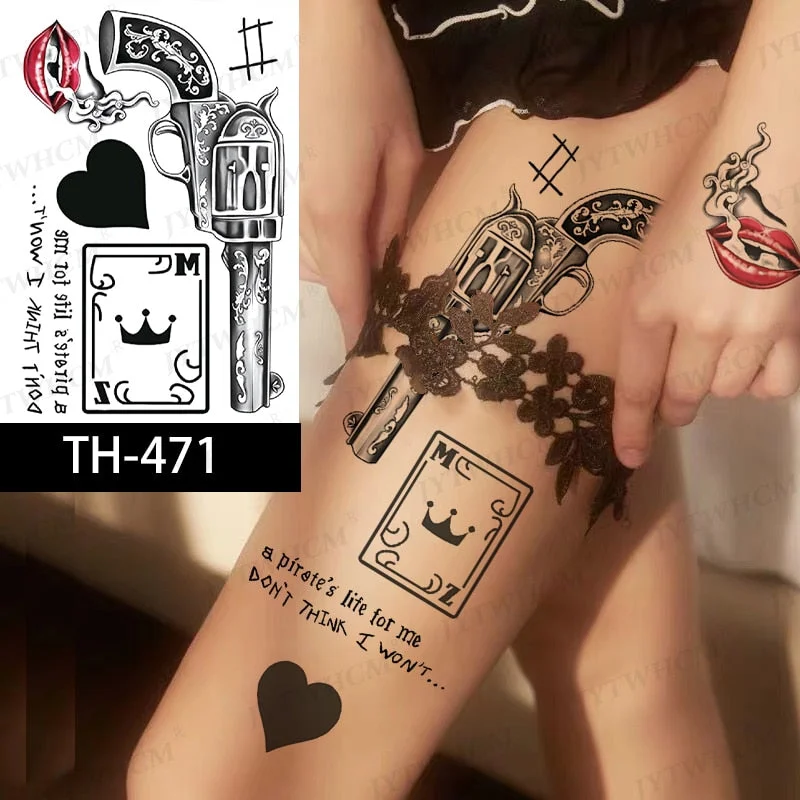 Waterproof Temporary Tattoo Sticker Gun Pistol Tatto Sexy Lips Lace Flash Tatoo Fake Tattoos Girl Women's Taty Leg Accessories