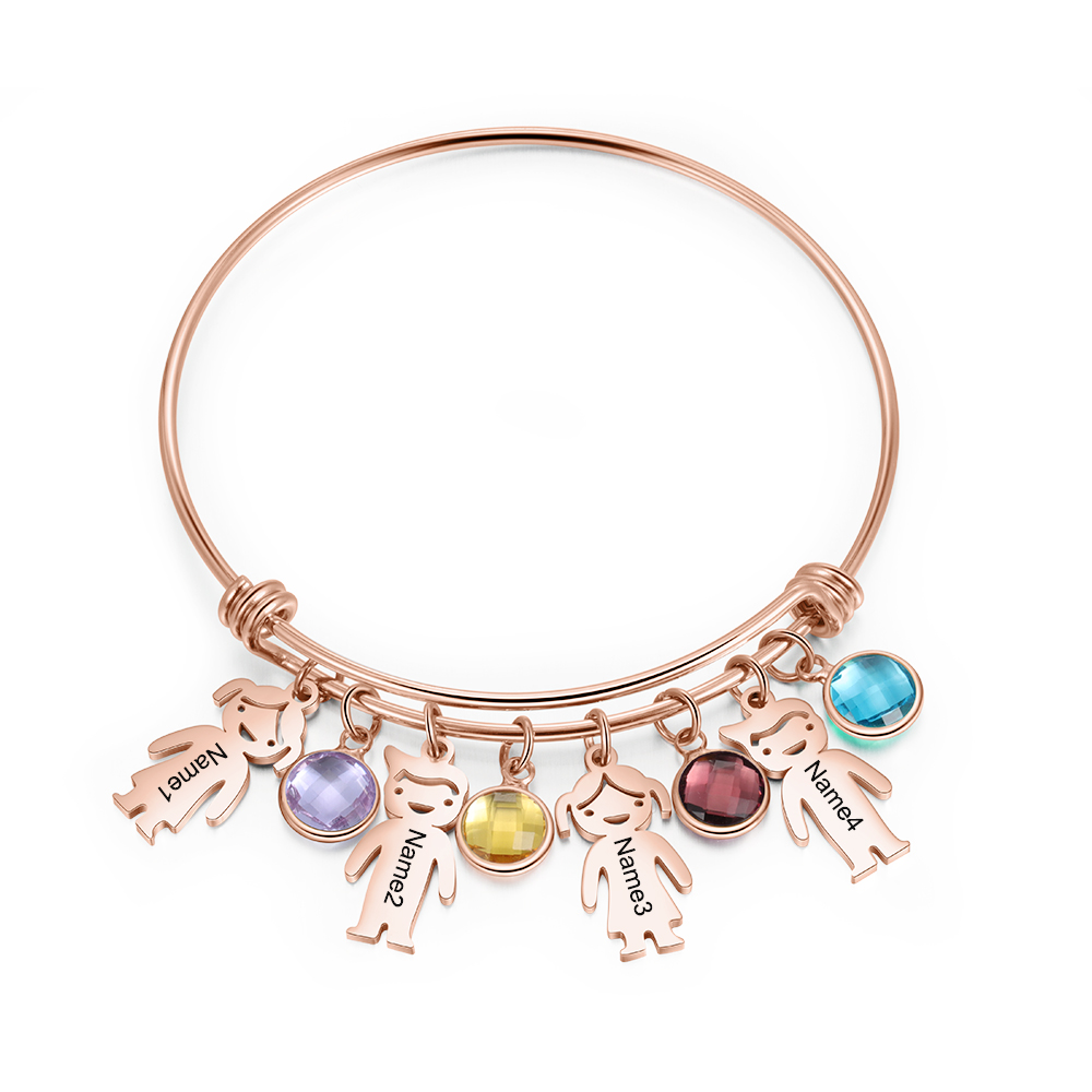 Bangle Bracelet with Kids Charms Persoanlized with 4 Birthstone Custom Bracelets Rose Box Set