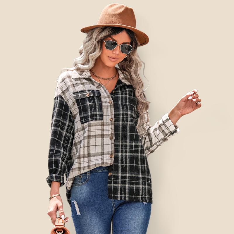 Mature Women's Lapel Plaid Long Sleeve Loose Shirt Top