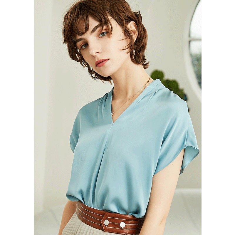 Nattier Blue Silk Blouse Short Sleeve Silk Blouse Vneck Silk Blouse