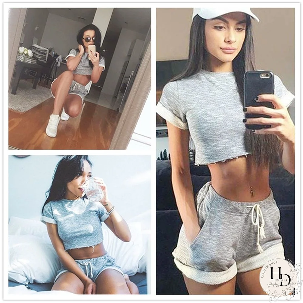 Fashion Women Two-Piece Set Tracksuit Summer Sports Crop Top Shorts Clothes Outfits