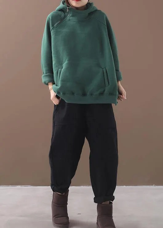 Classy zippered cotton hooded blouses for women Inspiration green thick blouse