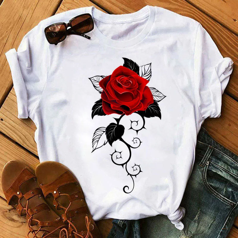 New Fashion Women Black T Shirt Red Rose Musical Note Printed T Shirt Harajuku Cute Graphic Tee Shirt Female Ladies Casual Tops