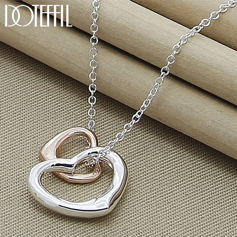 DOTEFFIL 925 Sterling Silver 18 Inch Chain Rose Gold Double Heart Pendant Necklace For Women Jewelry