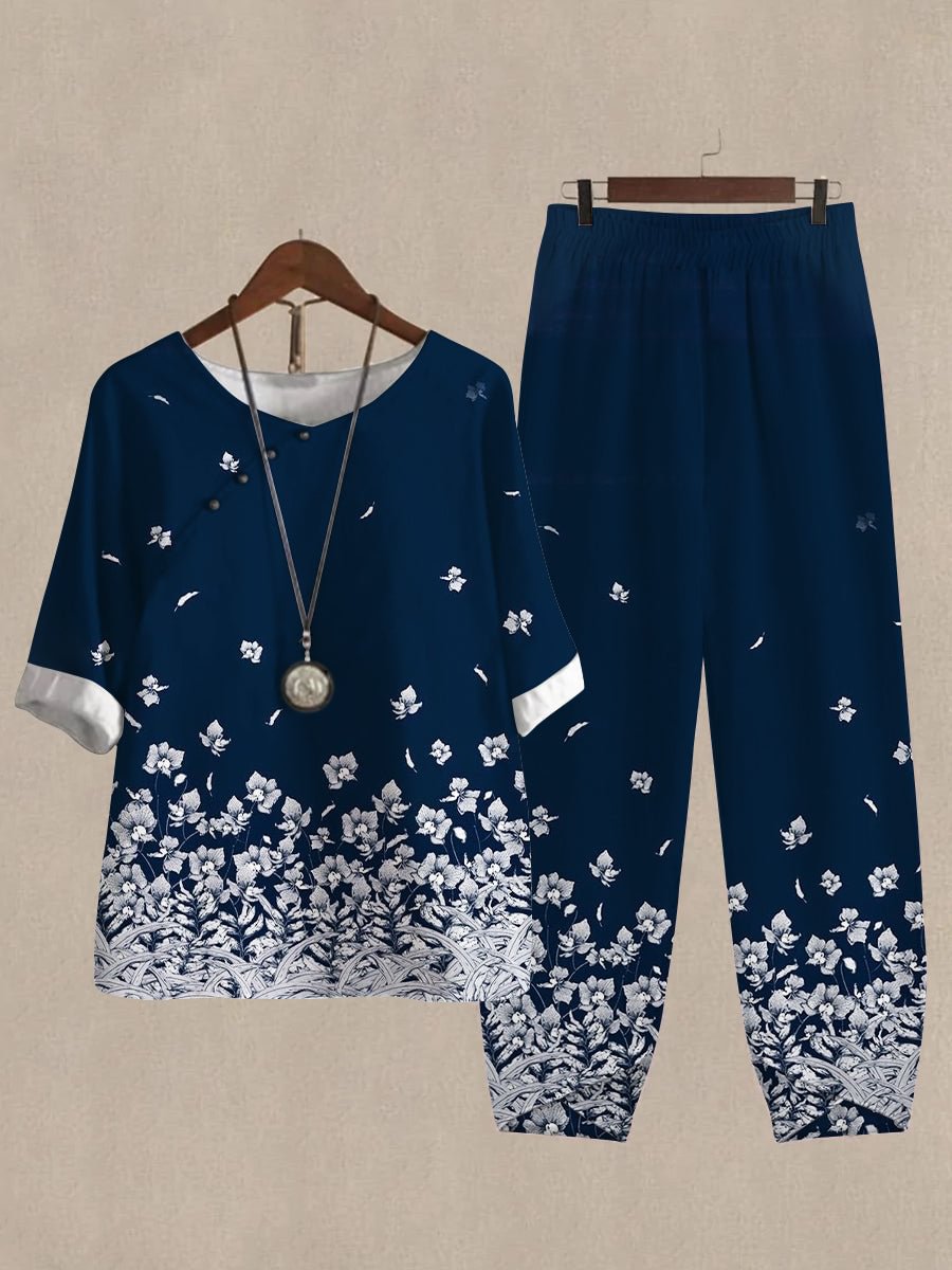 Linen Casual Women's Flower Print Two Pieces Set