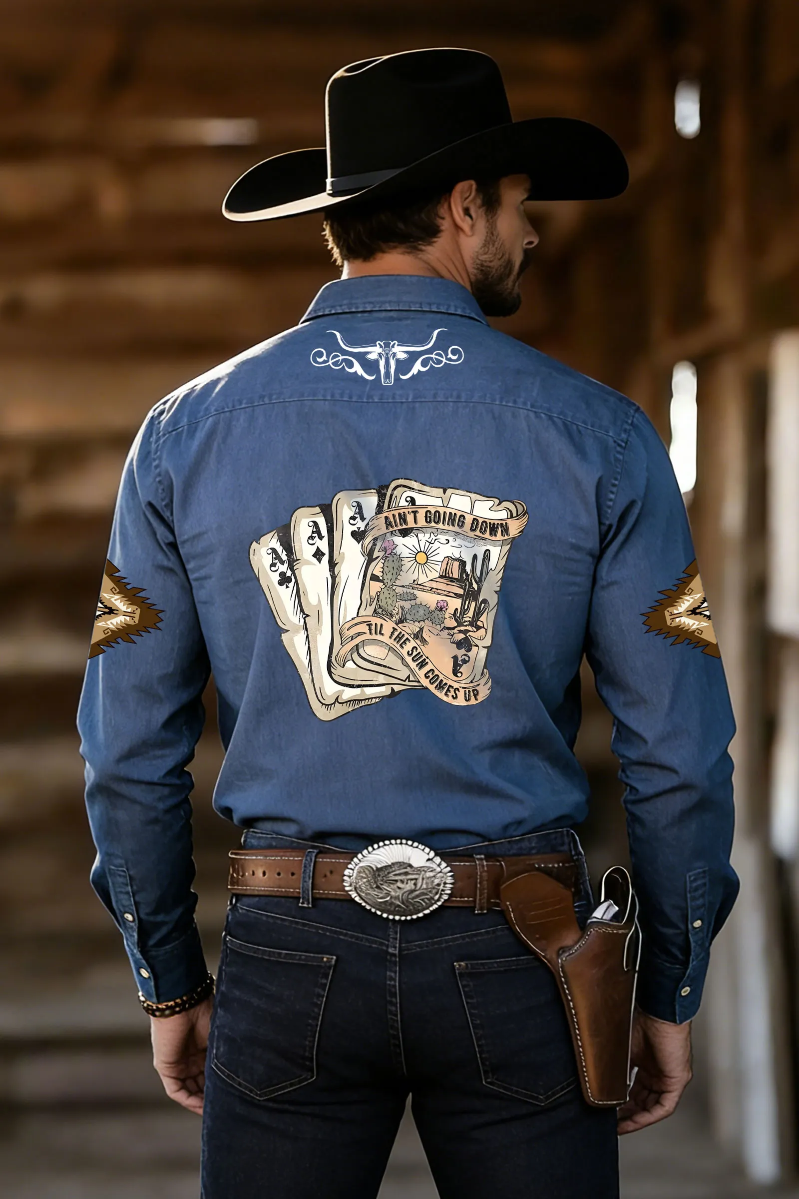 Western Cowboy Shirt With Desert Scene And Poker Design For Men