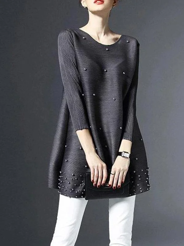 Gray Beaded Plain 3/4 Sleeve Crew Neck Tunic