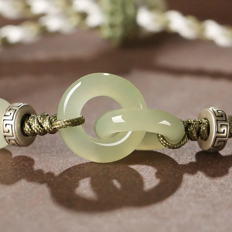 Natural Hetian Jade Peace Buckle Luck Braided Bracelet